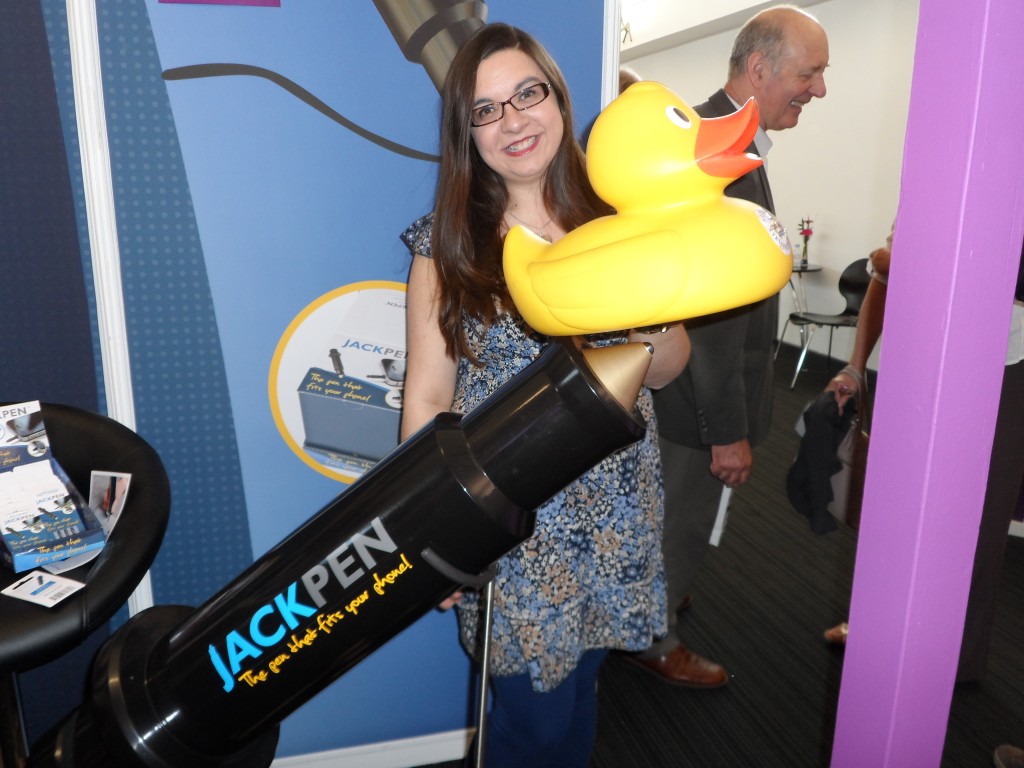 Ink Drops Duck on the giant jack-pen, pretending it's a rocket
