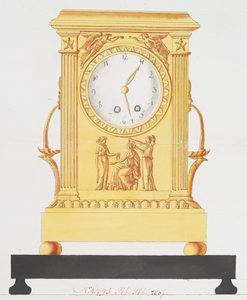 Illustration of a gold clock with hands at 5 past 5